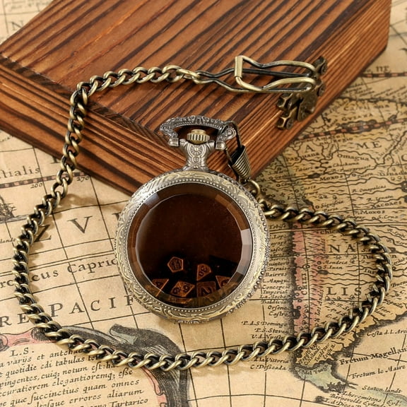 Vintage Brown Glass Pocket Watch with Bronze Dice Pendant Thick Waist Chain Retro Quartz Timepiece for Men Women Collectible