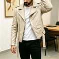 thumbnail image 5 of Lightweight Short Faux Leather Biker Jacket Men - Punk Gothic Coat Classic Rock Streetwear Belted Jacket No Hood Moto Jacket Outerwear Khaki, 5 of 8