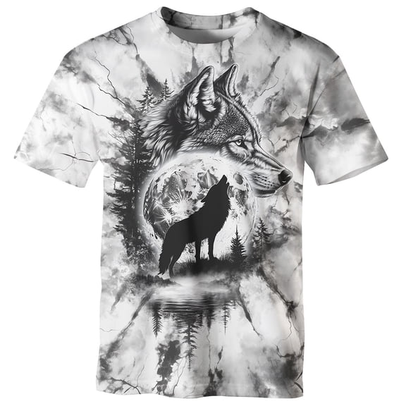 GHUALURU Men's Wolf Moon Graphic T-Shirt Forest Animal Print Short Sleeve Crew Neck Casual Tee,Multi,2XL