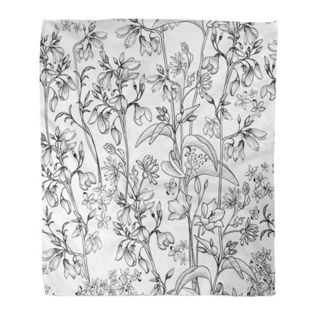 White Flourish - SIDONKU Throw Blanket Warm Cozy Print Flannel White Floral Flower with Black Sketch Vintage Peony Border Silhouette Flourish Comfortable Soft for Bed Sofa and Couch 50x60 Inches