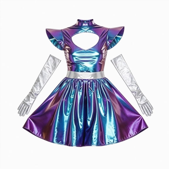 mgoYE Family Matching Outfits Alien Dress up Shiny Dress with Gloves Halloween Alien Outfits Stage Performance Dancewear Party 7-9 Years