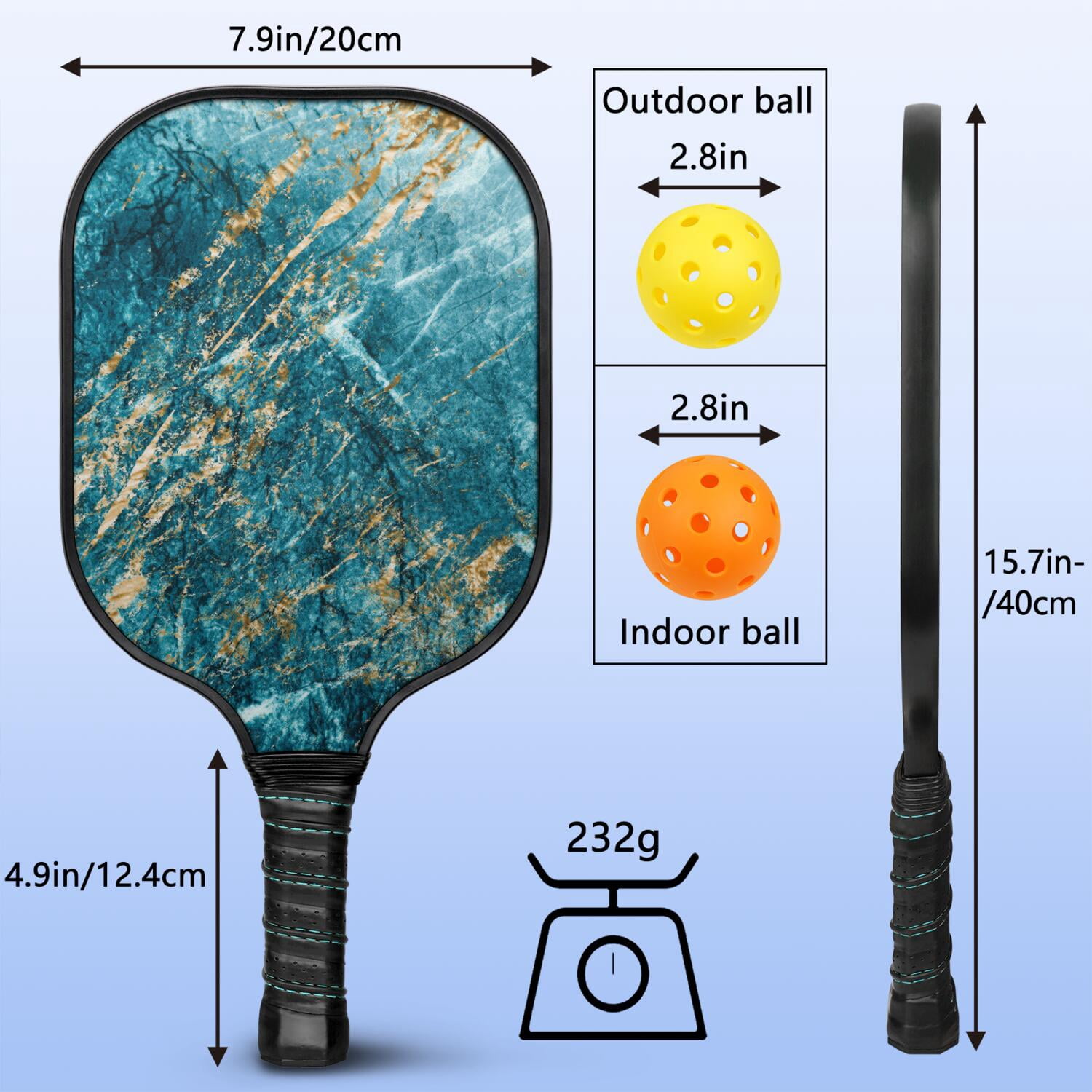Pickleball Paddles Set Of 2, Fiberglass Surface, Turquoise Marble Pattern, 4 Balls & Bag