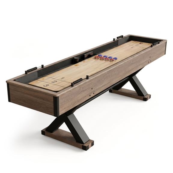 Hathaway Excalibur 9 ft Shuffleboard Table for Family Recreation Rooms - Poly-Coated Playfield, Solid X-Pattern Base - 8 Weighted Pucks, Dual Abacus Scorers, Table Brush, Wax - Driftwood Finish