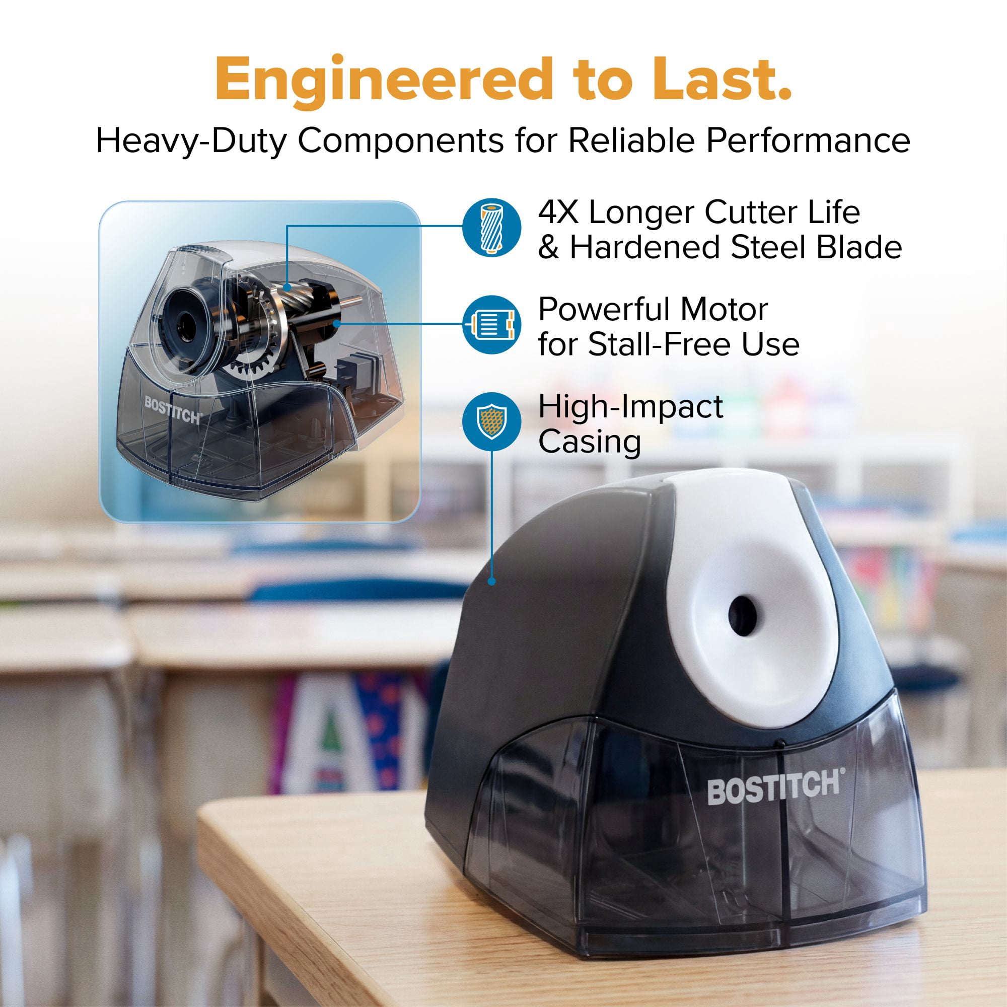 Bostitch Personal Electric Pencil Sharpener, HHC Cutter Tech, Stall-Free Motor, High-Capacity Tray
