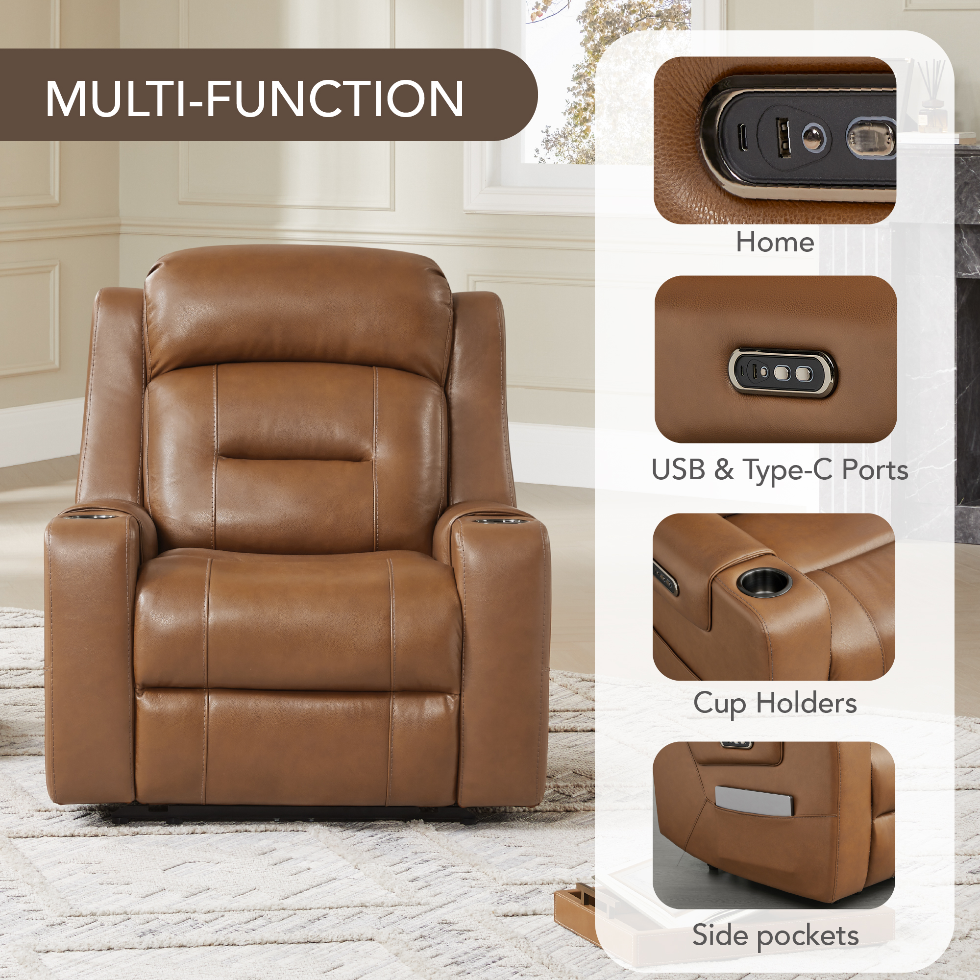 Spruce & Spring Lay-Flat Genuine Leather Power Recliner Chair with Headrest, Saddle