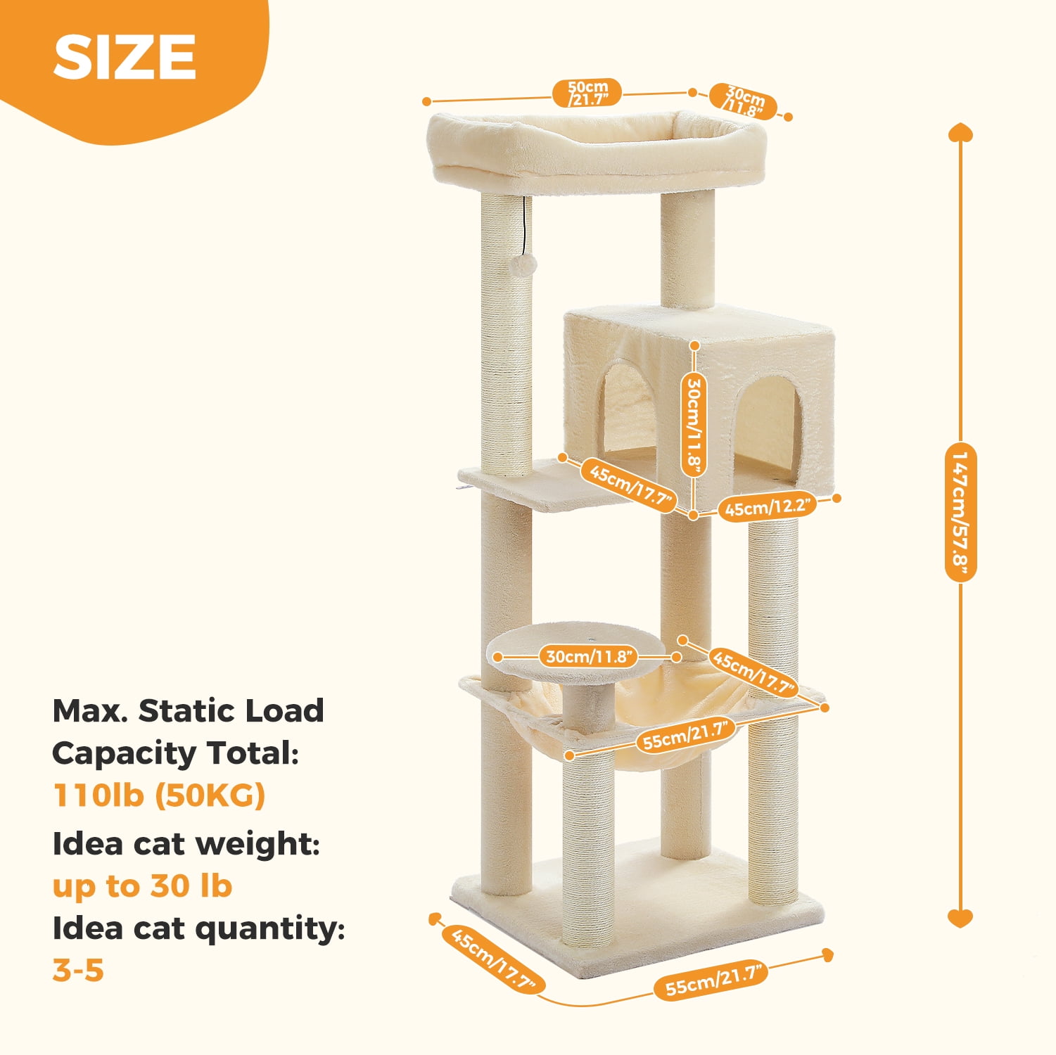 Pefilos 57" Cat Tree Tower for Indoor Cats, 5-Level Cat Condo with Large Hammock, Big Top Perch and 4 Sisal Covered Scratching Pos, Beige