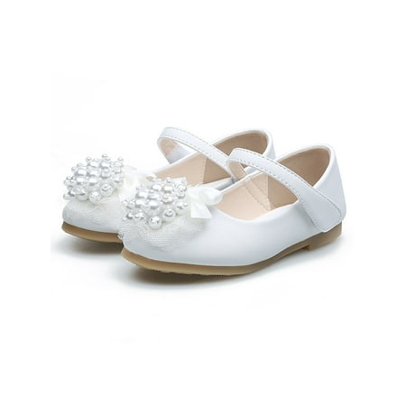 

Eloshman Children Flats Bowknot Dress Shoes Comfort Mary Jane Sandals Dance Non-slip Ankle Strap Leather Shoe Magic Tape White 12C