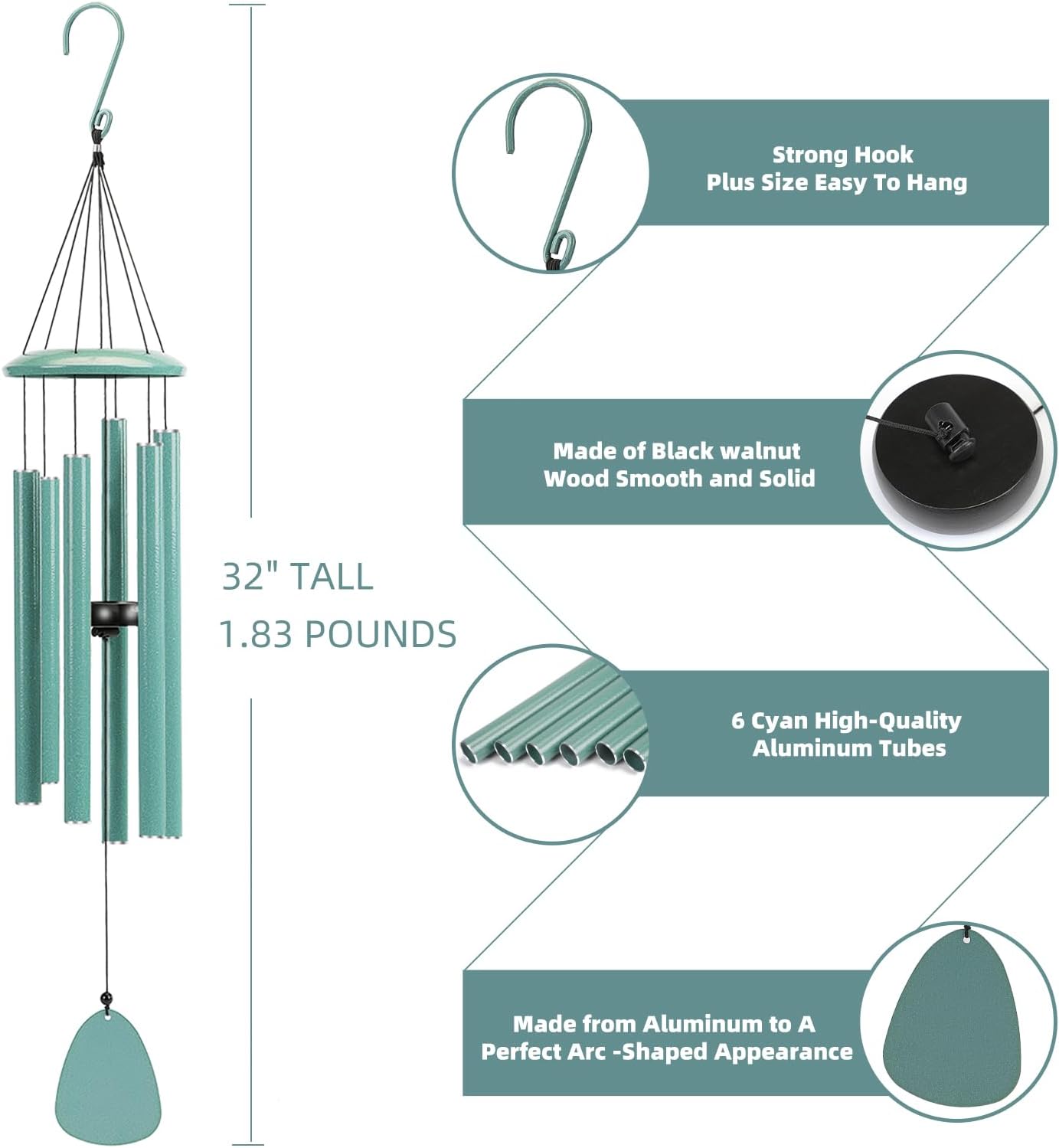 Wind-Chimes-Outdoor-Deep-Tone, Large Soothing Melodic Tones Windchimes, Wind Chimes for Outside, Memorial Wind Chimes Best Gift for Mom Women Grandma Neighbors(32" Cyan Coated Aluminum)