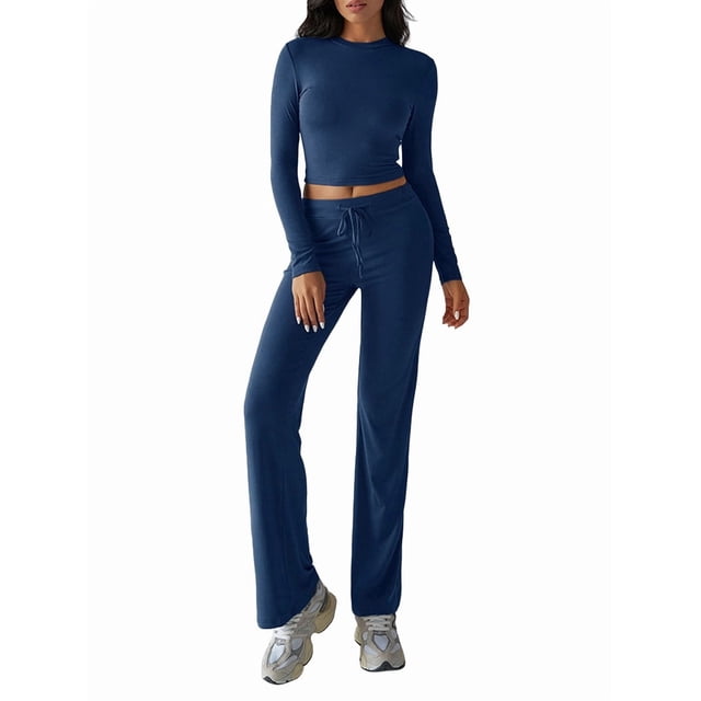 Conjuntos de 2 Piezas para Mujer, Larga, Cuello Redondo, Pantalones Acampanados de Cintura Alta, Conjuntos de Chándal, Ropa de Calle. Azul Real S