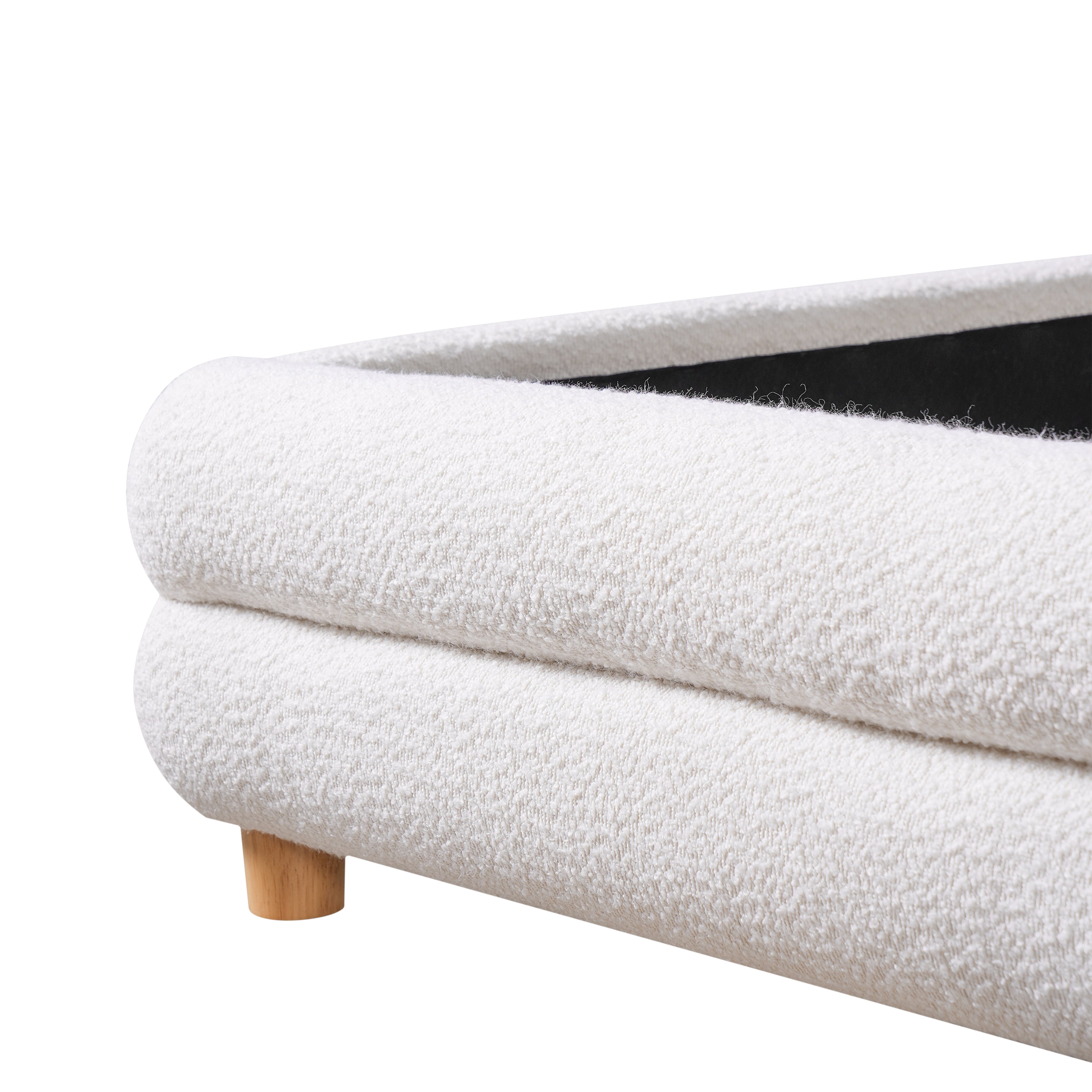 King Size Bed Frame with Boucle Upholstered Thick Curved Headboard & Solid Wood Legs, Platform Bed for Bedroom, White