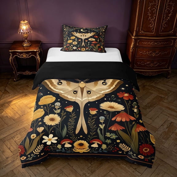 Homewish Boho Moth Twin Duvet Cover, Hippie Flower Mushroom Twin Bedding, Black Reversible 2pcs, 1 Duvet Cover and 1 Pillowcase