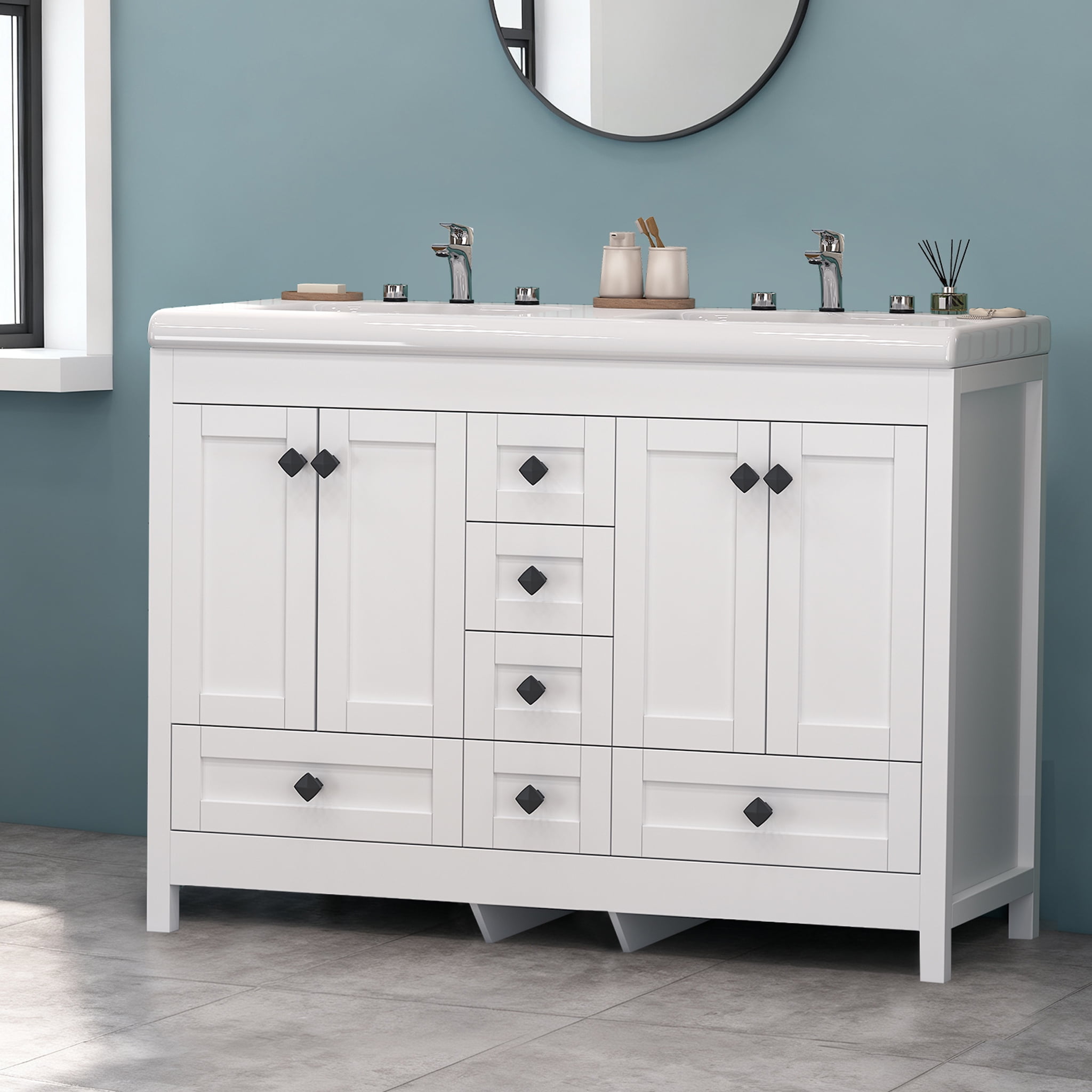 47'' White Bathroom Vanity with Double Ceramic Sink Freestanding Storage Cabinet with 6 Drawers