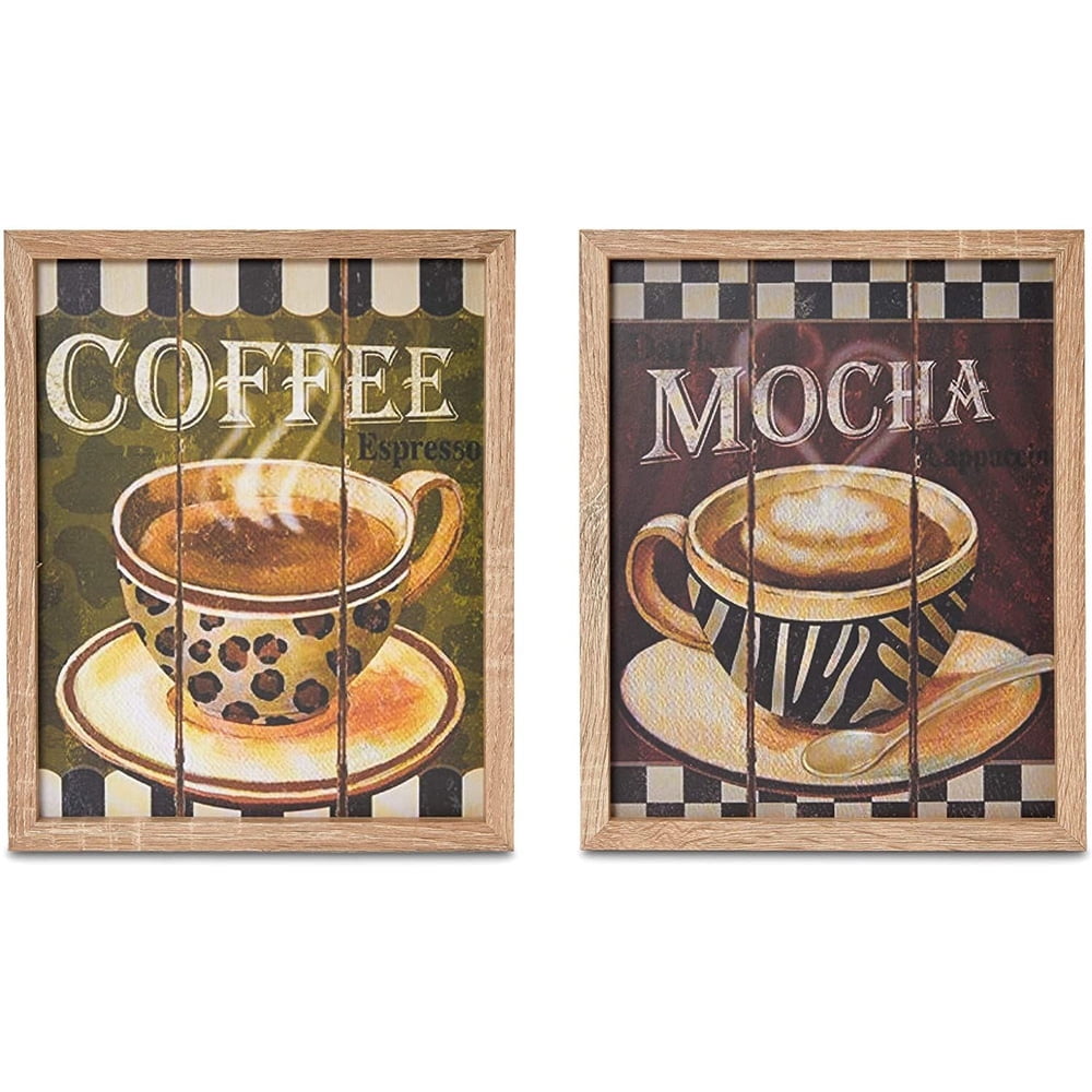 2-Piece Wood Coffee Bar Sign Wall Mounted Kitchen Wall Decor Art