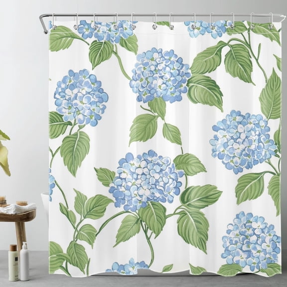 HVEST Boho Hydrangea Floral Shower Curtain with Blue Flower and Green Leaf Design - Watercolor Flower Bathroom Decor, Waterproof Polyester Fabric, Includes 12 Hooks, 72x72 Inches