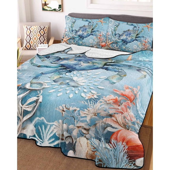 Blue Coastal Crab Twin XL Size Down Alternative Comforter, Lightweight Comforter Quilt Bedding Set with Pillow Shams Summer Beach Starfish Botanical All Seasons Bed Comforter Duvet Insert 68"x98"