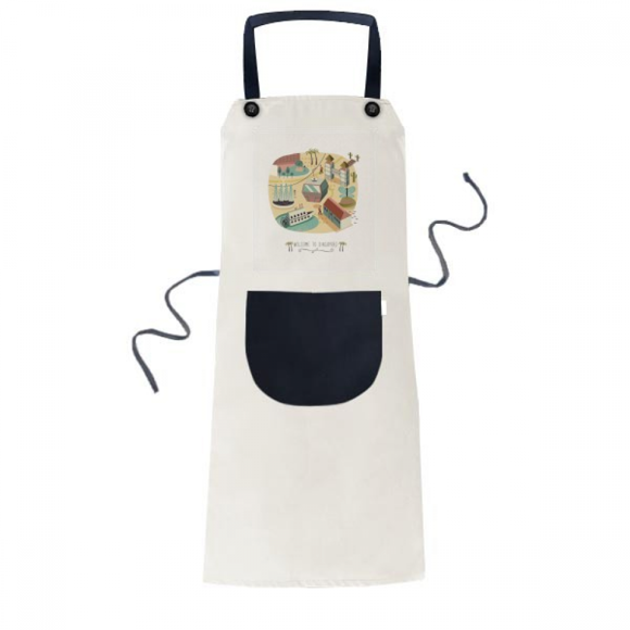 Singapore Theme Park Cable Car Apron Adjustable Bib Cotton Linen BBQ Kitchen Pocket Pinafore