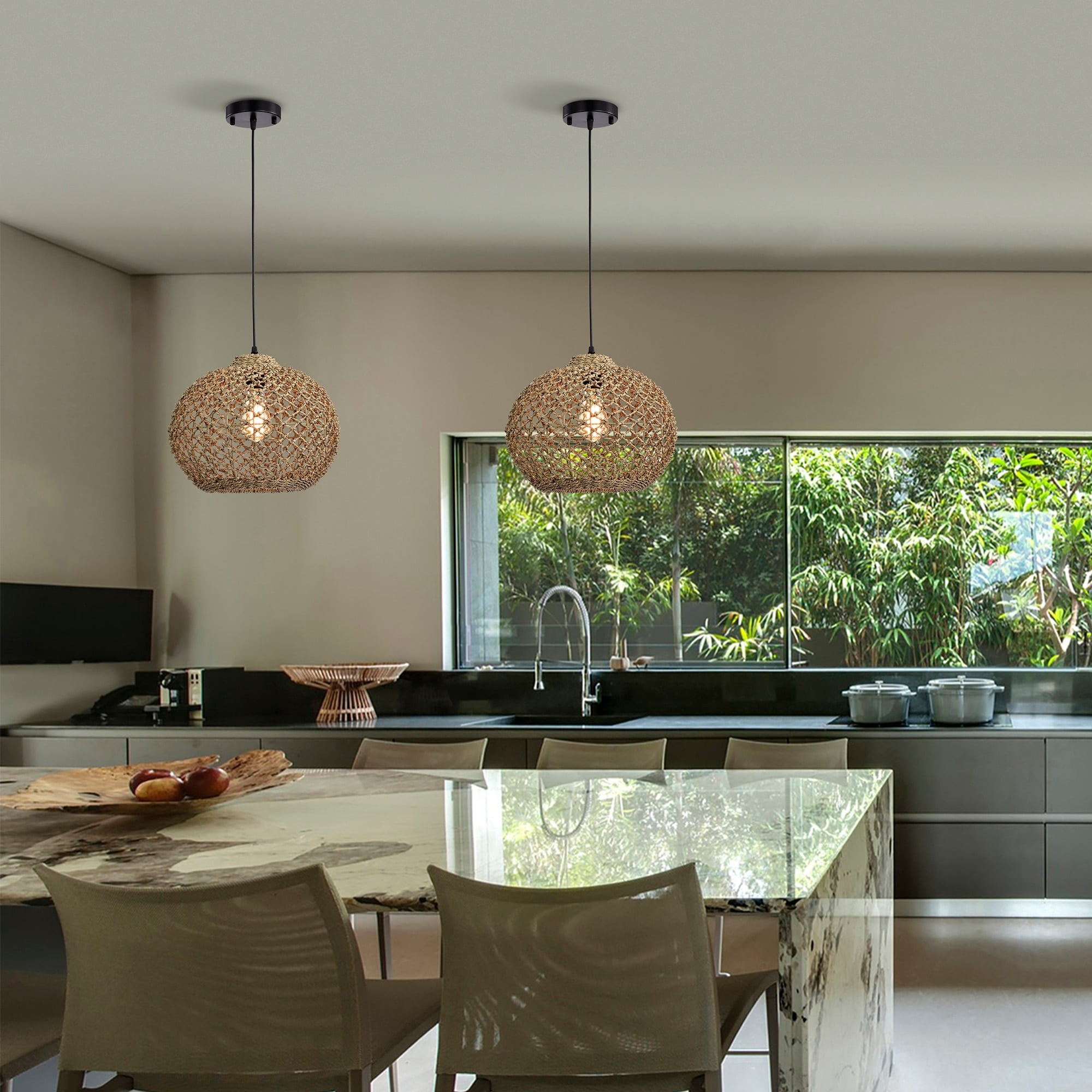 Home Accessories Bonn Dark Yellow 1-Light Rattan Dome Basket Pendant Light