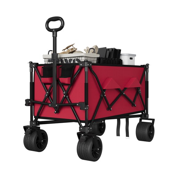 Chariot Pliable – Robuste 35 Pouces Très Grand – Capacité de 350 lb, 280 L – Roues Tout-Terrain, Porte-Gobelets et Pochette Latérale – Jardin, Plage, Camping et Pique-Nique – Rouge