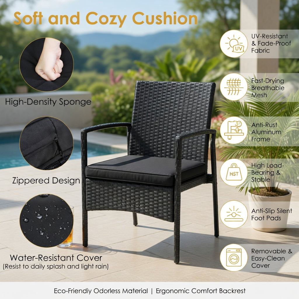 Hommoo 4-Piece Outdoor Rattan Patio Furniture Set with Acacia Wood Coffee Table, Wicker Sofa & Loveseat with Removable Cushions for Backyard, Balcony, or Poolside, Black