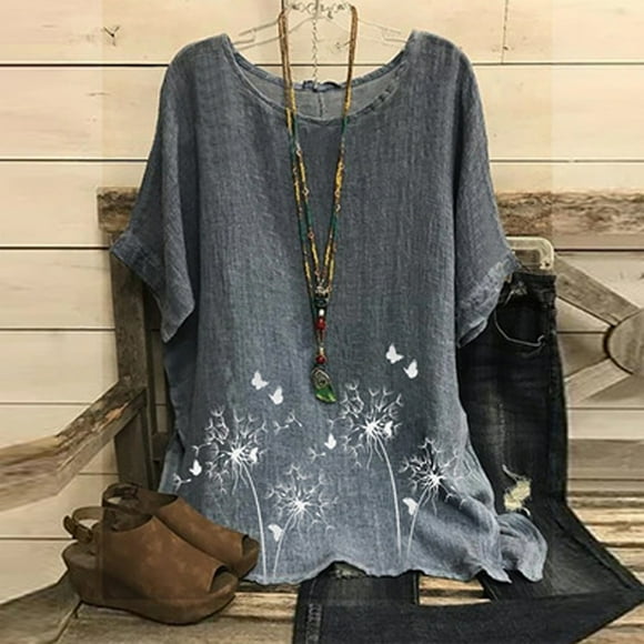 Summer Womens Cotton Linen Long/Short Sleeve Plus Size V Neck Button Solid Color Tops Casual Loose Tunic Blouse T Shirt