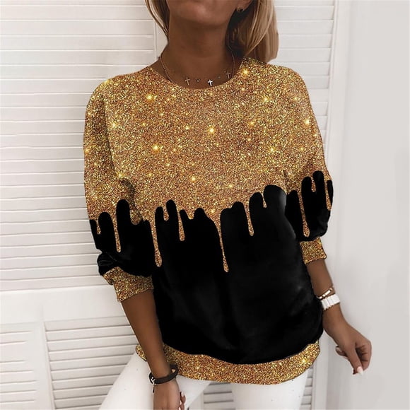 Outfmvch Corset Tops for Women,Womens Holiday Tops,Ladies Tops and Blouses,Pullover Jacket Sweatshirt Round Neck Shirt Waist Slimming,Womens Long Sleeve Tops,Womens Plus Size Tops Gold 4XL