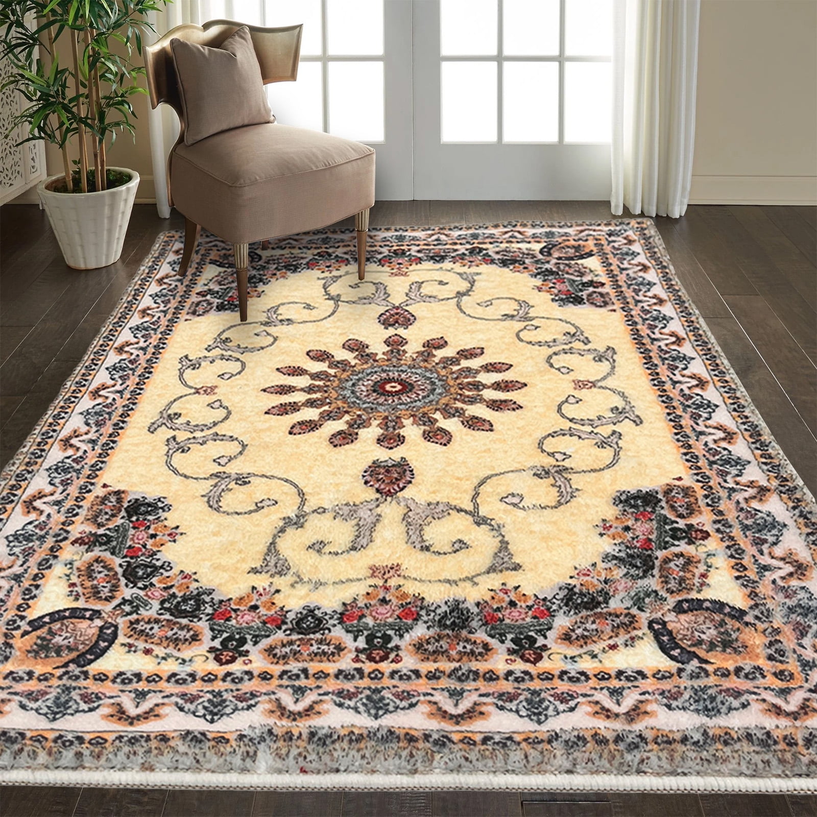 SUSUZI 5.3' x 7.5' Area Rug,Boho Living Room Rug, Washable Low Pile Non Slip Carpet for Bedroom, Dining Room, Retro Area Rug Indoor, Beige
