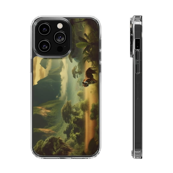 DistinctInk Hybrid (Acrylic / TPU) Clear Slim Fit Case for Apple iPhone 15 PLUS (6.7" Screen) - "A Majestic Tiger Roams the Enchanting Jungle Paradise"