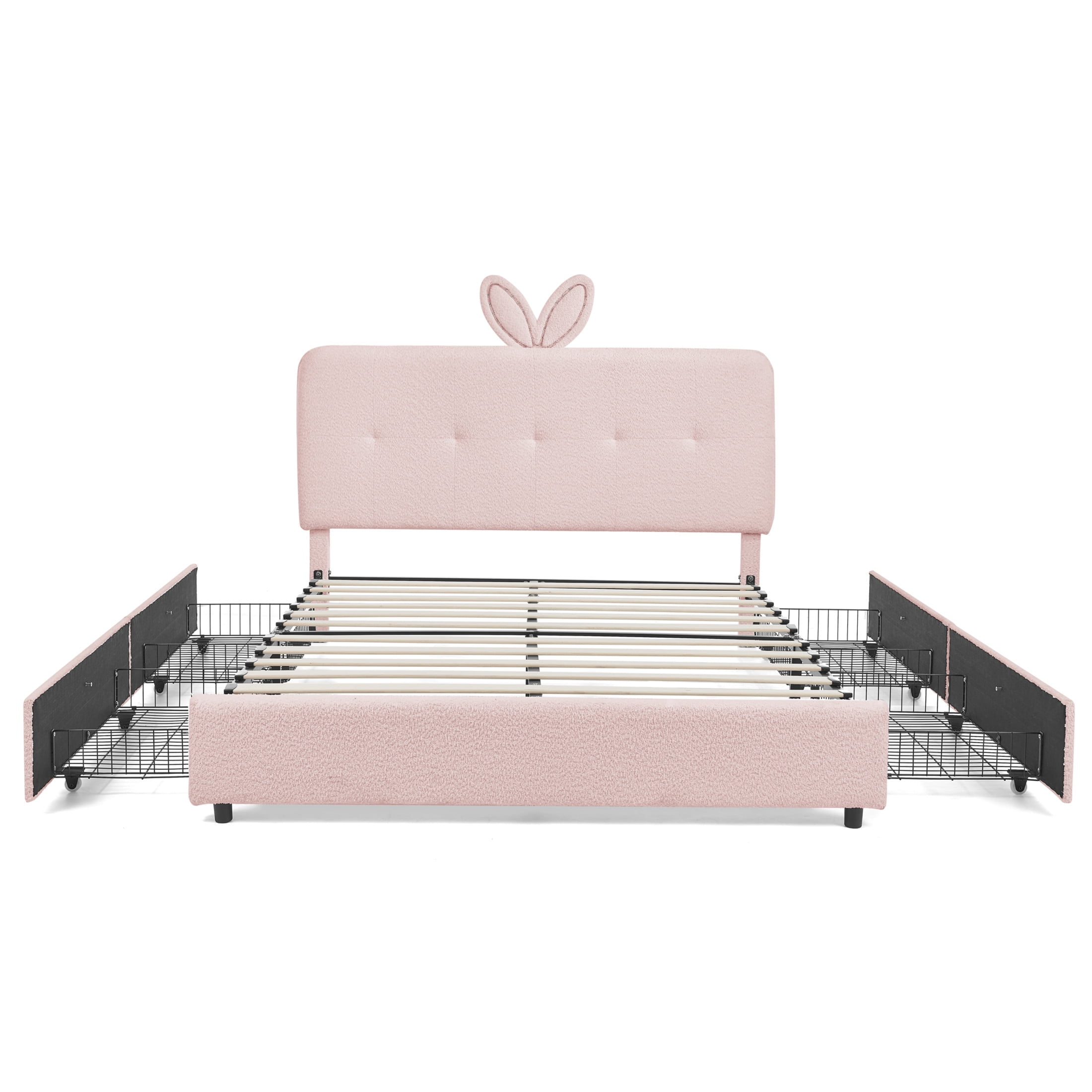 Noble House Bertis Full Size Boucle Kids Bed, Rabbit Ear Headboard Bed Frame with LED Light and Storage Drawers, Pink