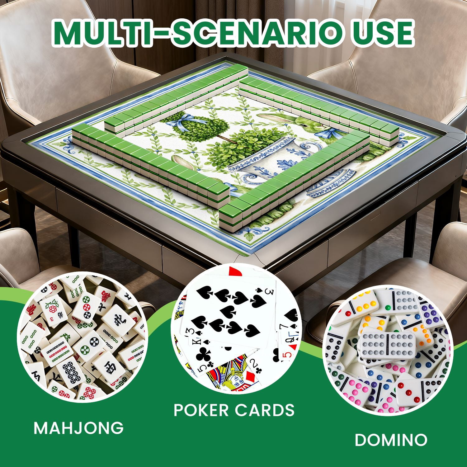 Mahjong Mat 31.5" x 31.5" Watercolor Green Bunny Topiary Garden Blue Bows Classic Urn Leaf Non-Slip Noise Reduction Chic Portable Gaming Table Cover for Family Game Night & Gift