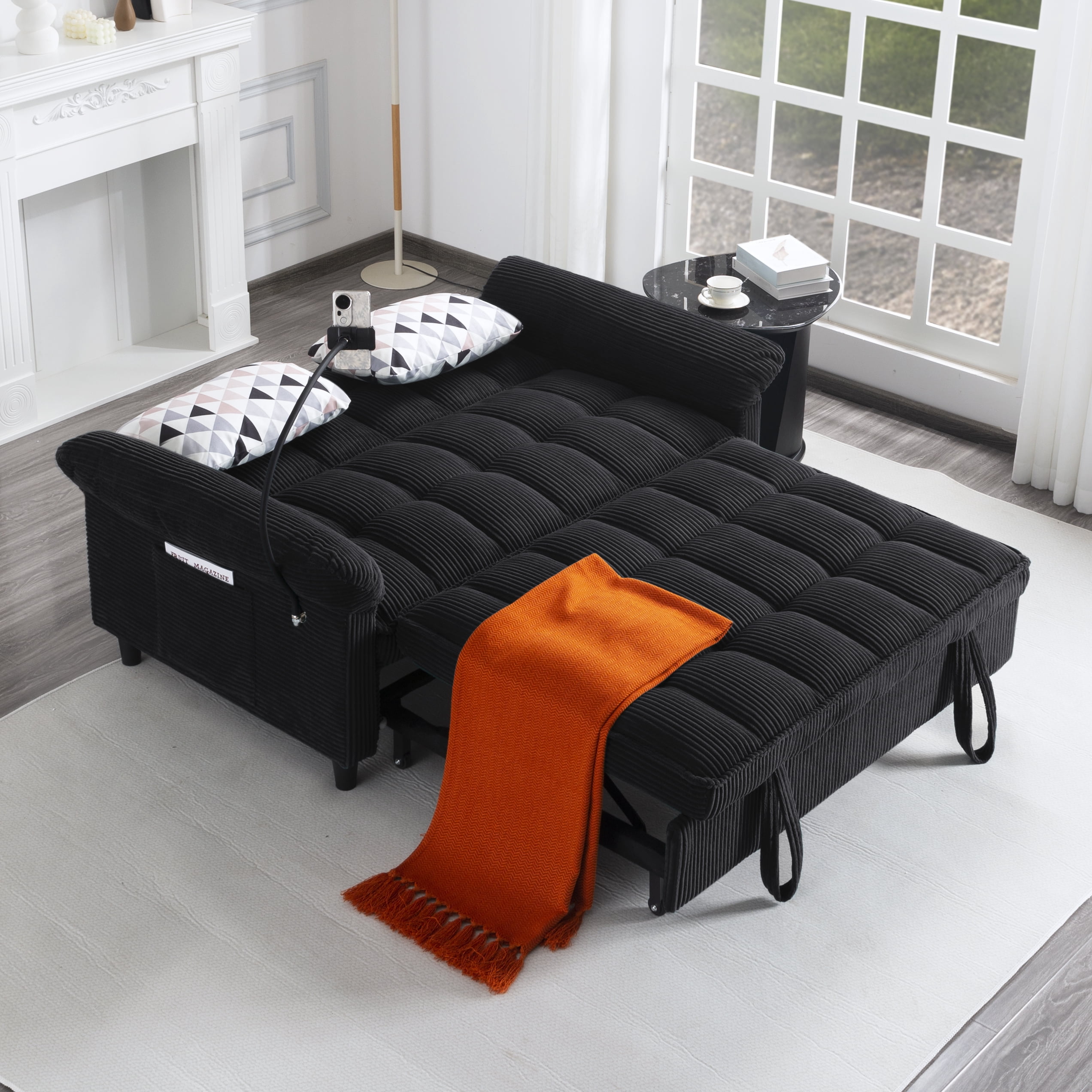 Gewnee 58" 3‑in‑1 Corduroy Convertible Sleeper Sofa Bed, Pull‑Out Loveseat with 3 Adjustable Reclining Positions & Side Storage Pocket, Multi‑Purpose Guest Sofa for Living Room, Guest Room, Black