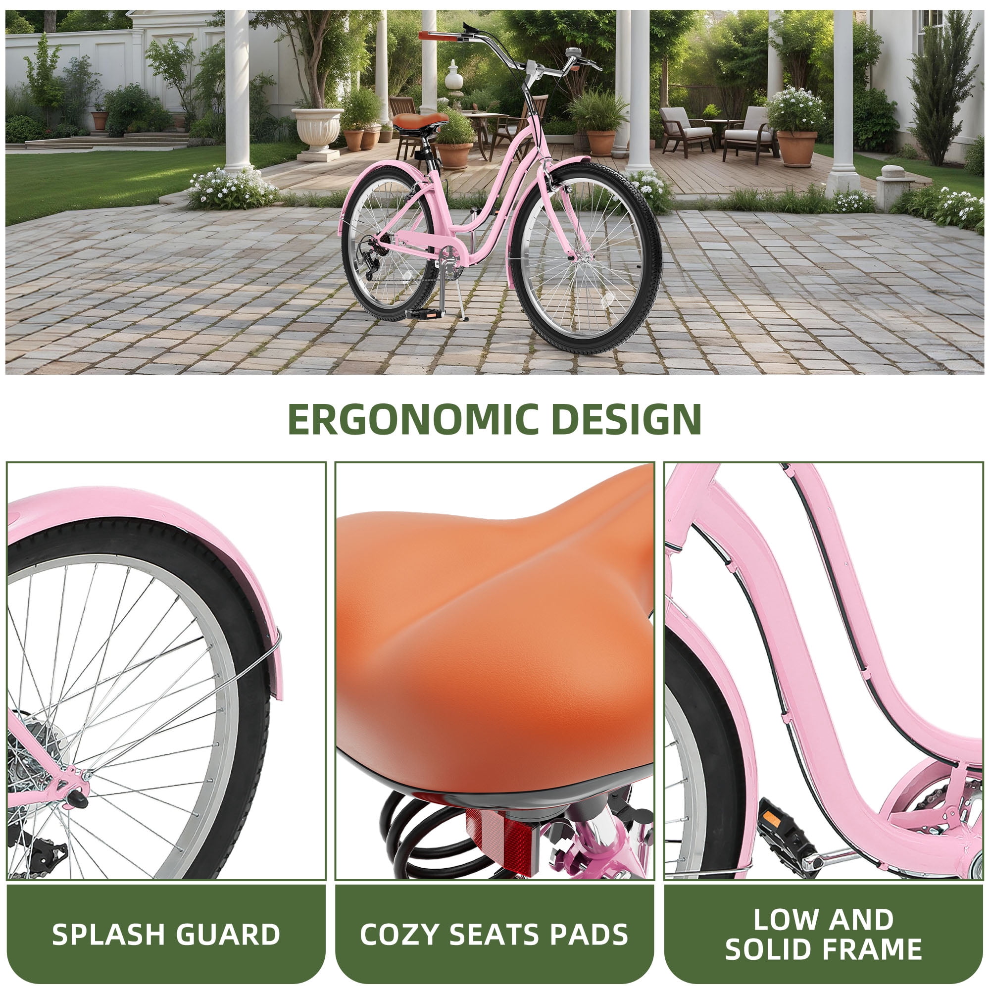 Uforic24'' Beach Cruiser Bike, 7-Speed, Step-Through Bicycle for Men & Women, Steel Frame, Pink