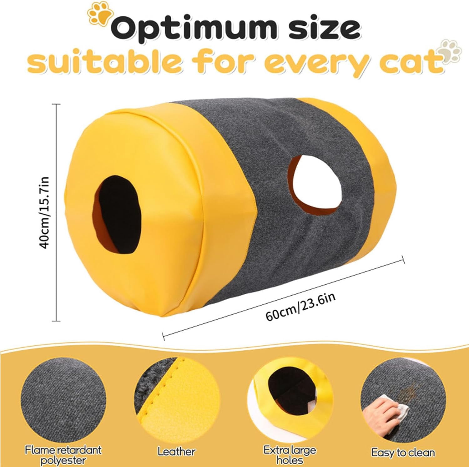 Foldable Cat Tunnel Bag, Interactive Pet Play Mat & Activity Center, Polyester & Leather Fabric Cat Toy with Storage for Indoor Cats (Yellow)
