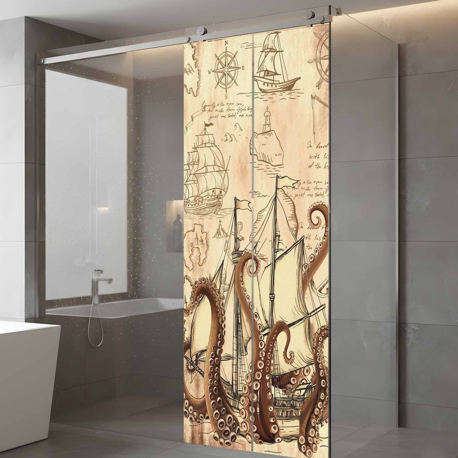Nautical Boat Window Privacy Film, Retro Octopus Sailing Sailing Brown Frosted Glass Window Clings Static Cling UV Heat Blocking Reusable Door Sticker for Bathroom 23.6 x 59 Inch