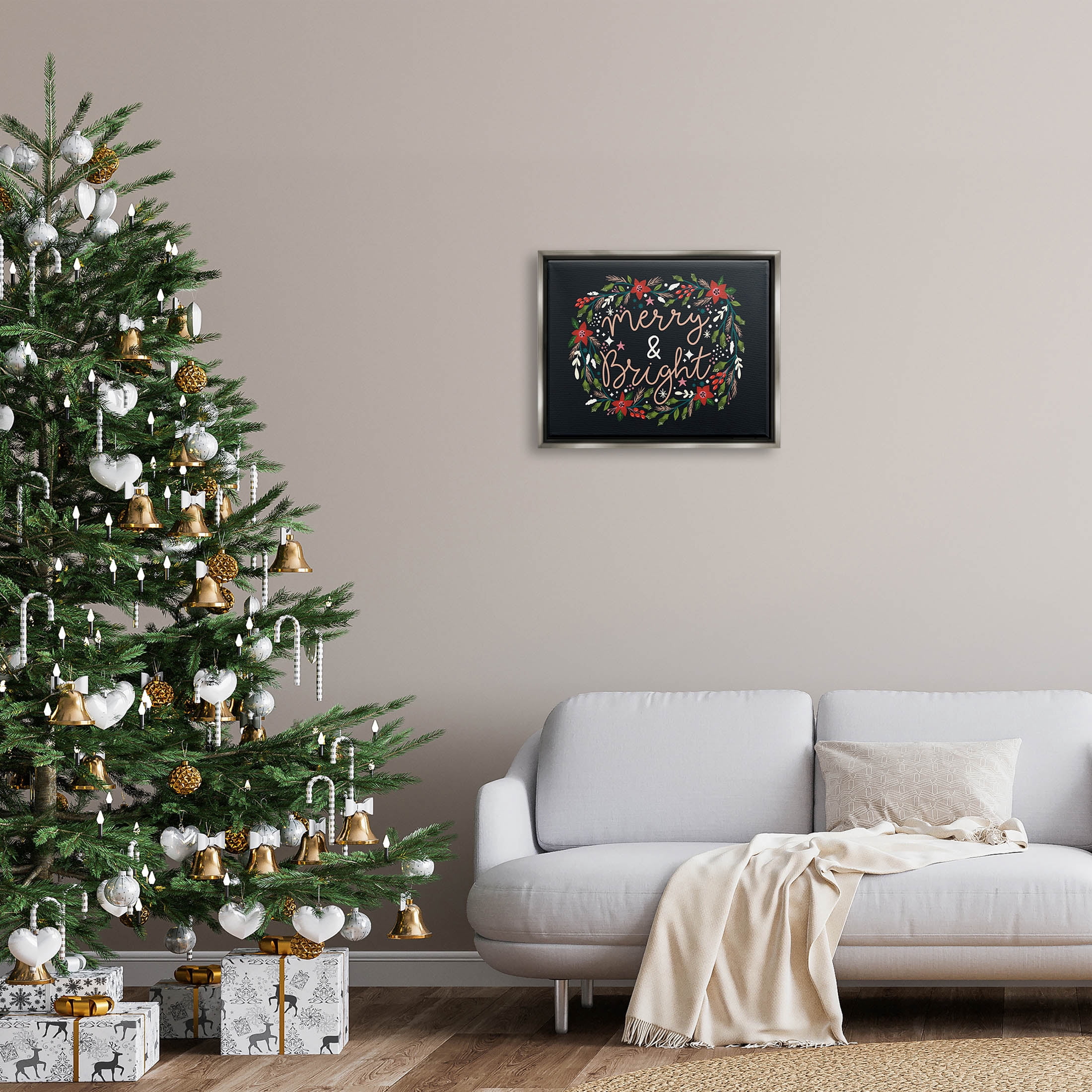 Merry & Bright Poinsettia Wreath Holiday Graphic Art Luster Gray Framed Art Print Wall Art