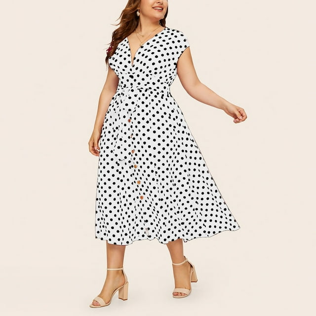 LSLJS Robe Décontractée Sans Manches à Col en V pour Femmes Grande Taille avec Ceinture à Boutons et Imprimé Polka