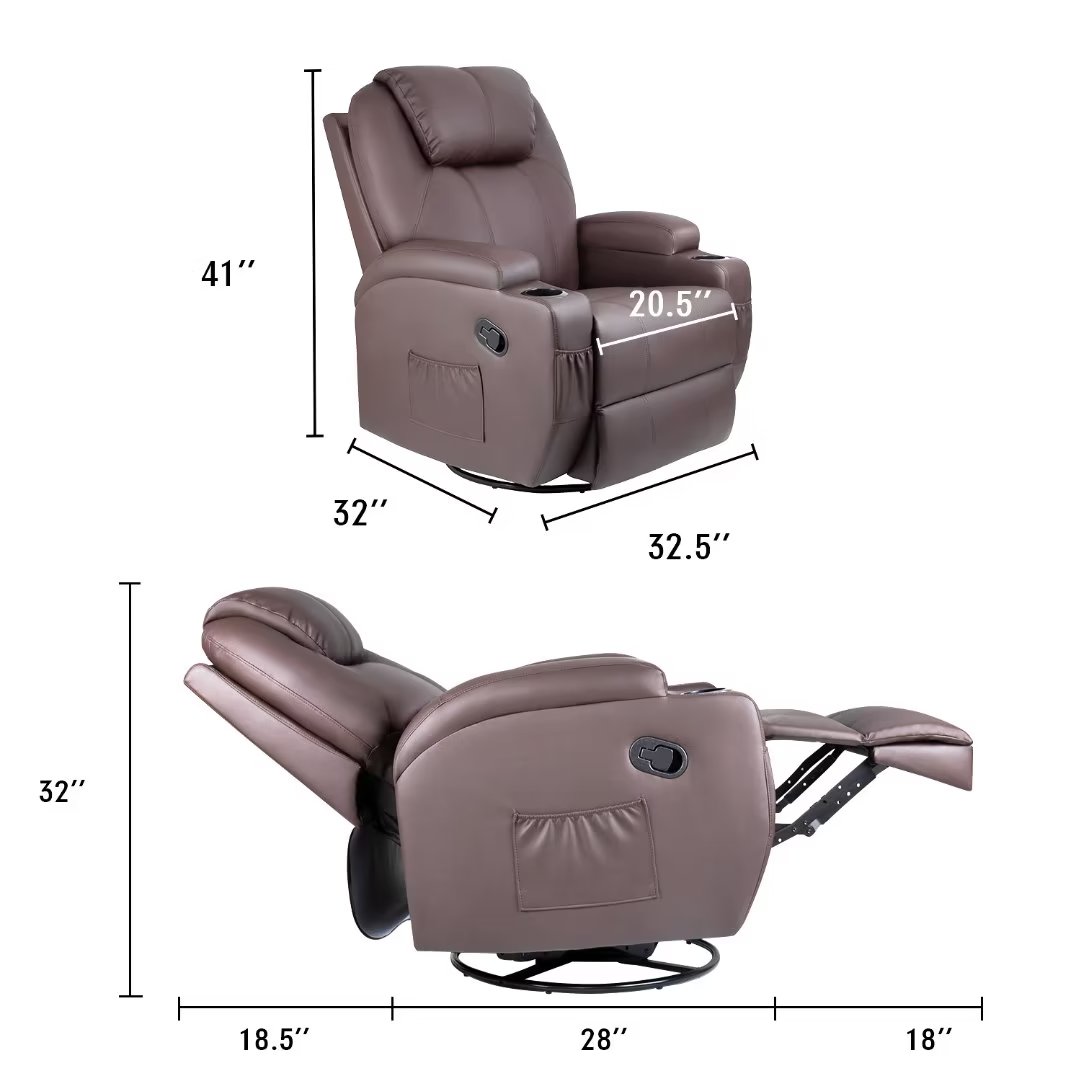 Vineego 360° Swivel PU Leather Chair with Massage Function Adjustable Home Theater Single Recliner,Brown