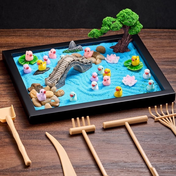 Zen Garden Kit for Table Decor Sand Garden with Black Wooden Tray, Sand, Tools & Accessories for Meditation Room Office Home