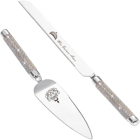 Mis Quince Años Quinceanera Cake Serving and Knife Set, Feliz 15 Anos Decoration, 420 Stainless Steel Silver Cake Cutter and Pie Server Slicer, Rhinestones Studded Handle