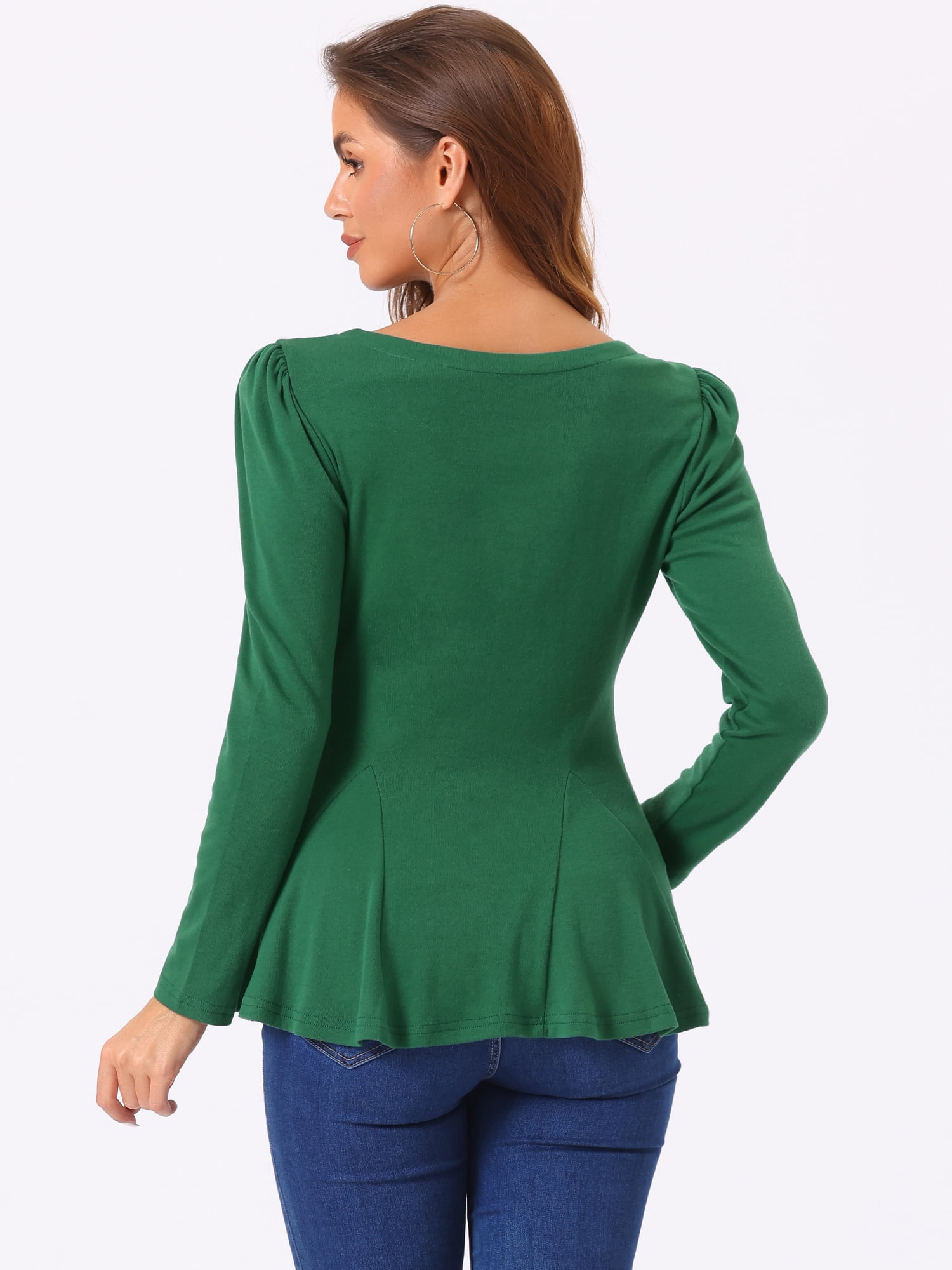 DARING DIVA Long Sleeve Scoop Neck Peplum Top M Dark Green