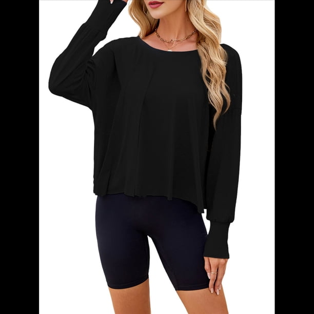 Top de Yoga Informal, Holgado, de Larga y Color Liso para Mujer, Suave y Transpirable. Negro XL