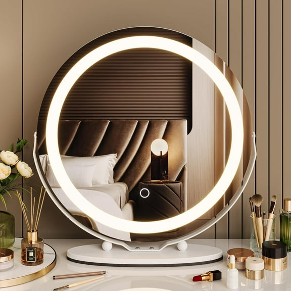 Garvee 19" Vanity Mirror with LED Lights, Round Makeup Mirror with 3-Color Touch Control, 360° Rotation, Tabletop & Wall-Mount Mirror for Bedroom, Bathroom & Dressing Room, White