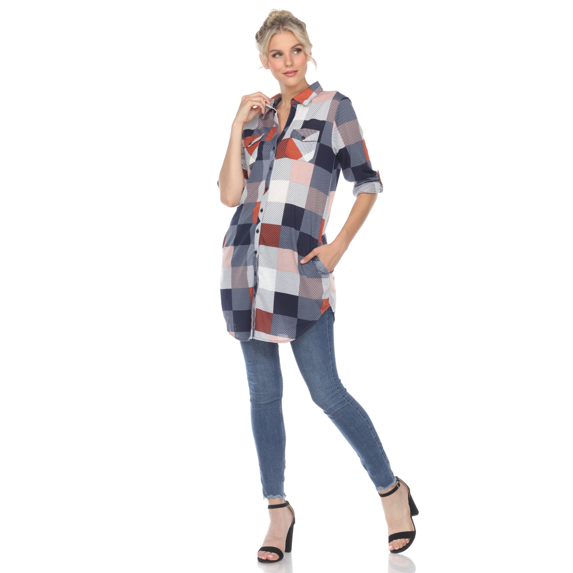 White Mark Women's Light Weight Plaid Print Tunic with Pockets