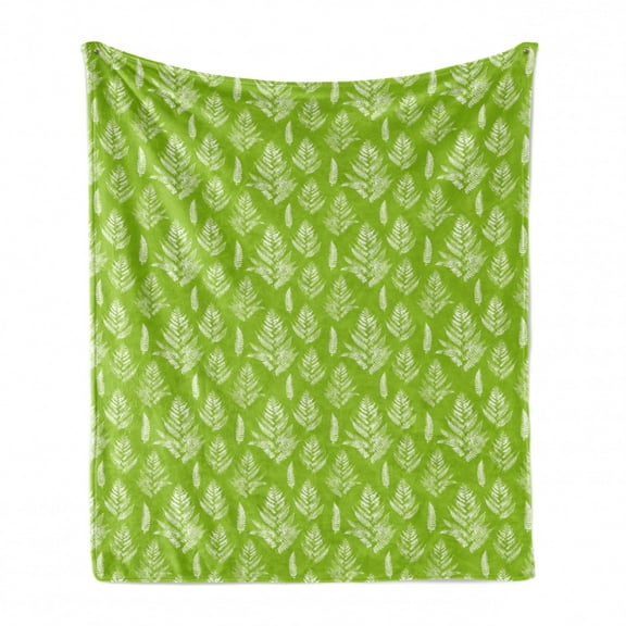 Leaves Soft Flannel Fleece Throw Blanket, Simplistic Layout of Fern Leaves with Paint Stains Grunge Monochrome Design, Cozy Plush for Indoor and Outdoor Use, 50" x 60", Lime Green White, by Ambesonne