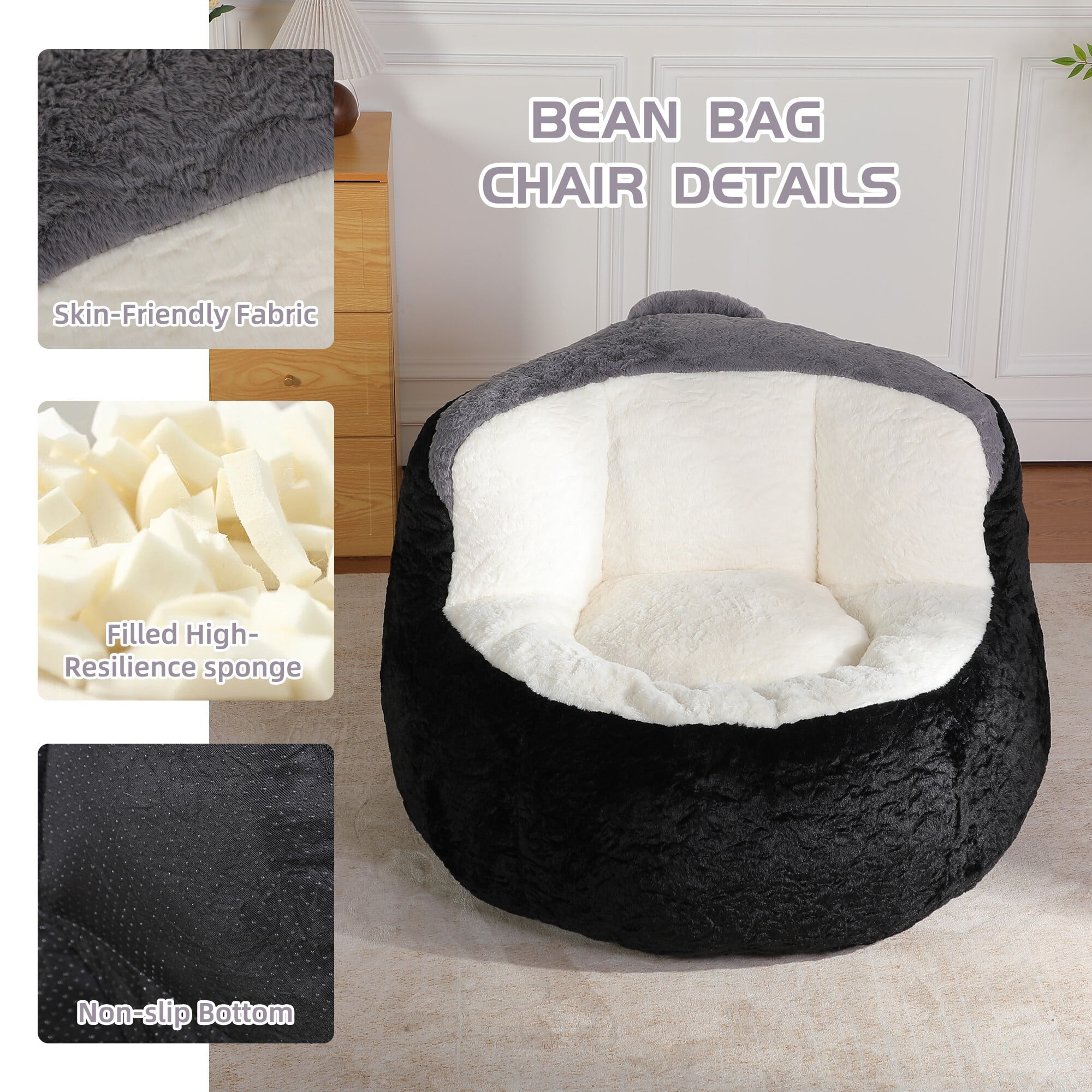 AENKYO Plush Faux Fur Bean Bag Chair - High Density Foam, Non-Slip, Portable Lounger for Living Room, Bedroom, Black