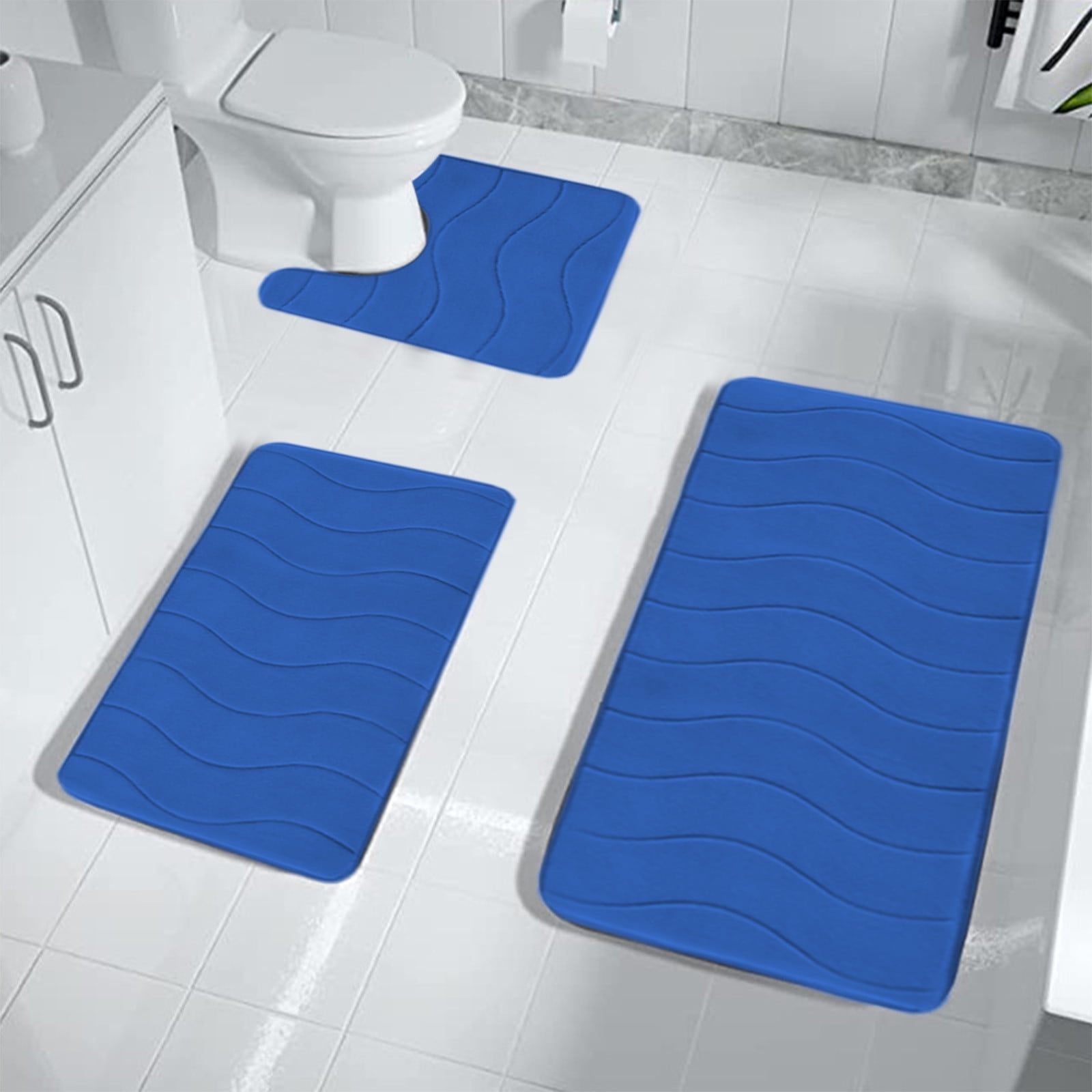 Hiroekza Solid Color Bathroom Rug Set 3 Piece Set - Non-Slip Absorbent Mats - Modern Polyester & Rubber Backing for Bathroom, Bedroom, Household Includes 2 Bathroom Rugs 1 U Shape Rugs Blue