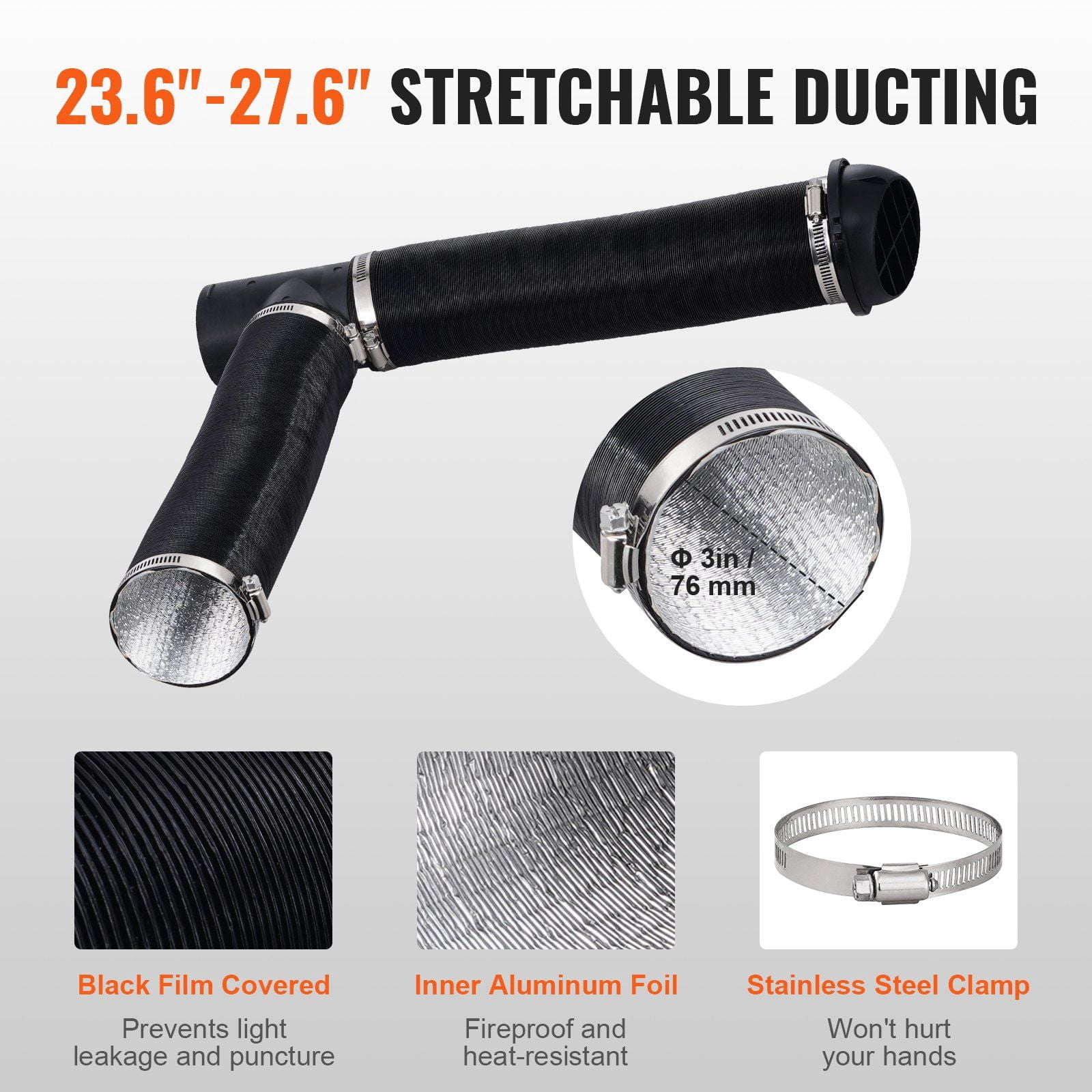 Diesel Heater Ducting Kit 3 Inch Extendable Air Hose 1 Inch Stainless Steel Exhaust Pipe 2 Air Vents Tee Outlet Connector Hose Clamps for 5KW 8KW Parking Heaters