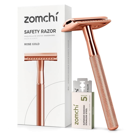 ZOMCHI Safety Razor for Men&Women with 5 Double Edge Safety Razor Blades, Double Edge Razor, Reusable Razor, Plastic Free – Rose Gold