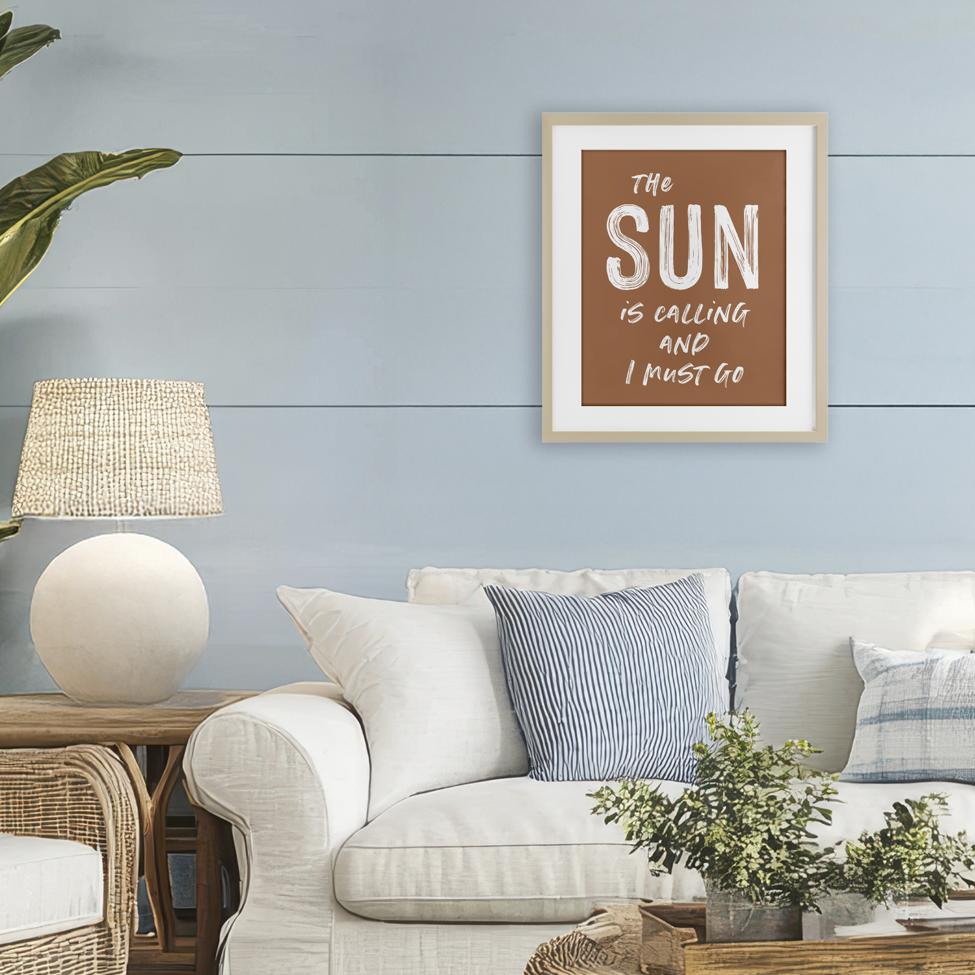Sun Is Calling Must Go Birch Framed Print Under Glass, design by Lettered and Lined