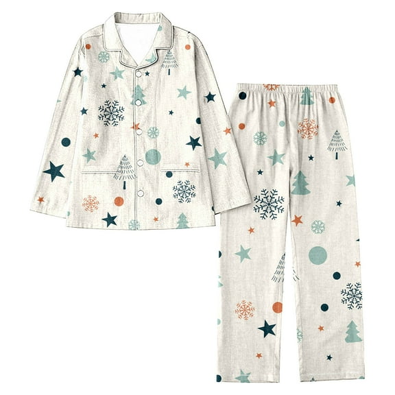 Tiweut Women's Pajamas Sets Christmas Lapel Long Sleeve Lapel Button Tops and Pants Set Full Print Santa Holiday Ladies Sleepwear Suit,Beige,L