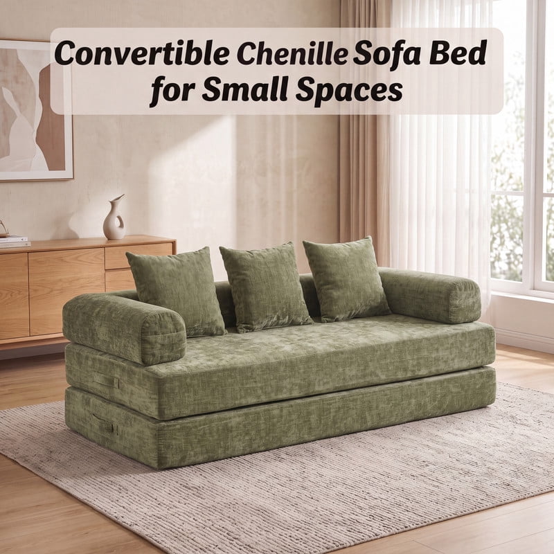 Gewnee 79 Boneless Sofa, Convertible Sofa Bed, Futon Floor Sleeper Sofa Bed with Pillows for Living Room Bedroom, No Assembly Required, Chenille, Green